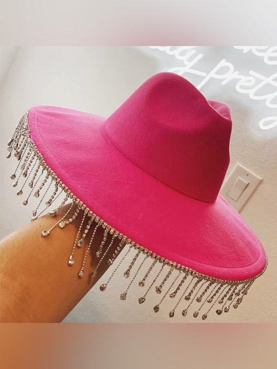 Blue B Collection Accessories - Blue B Collection Hot Pink Rhinestone Fringe Flatbrim Hat